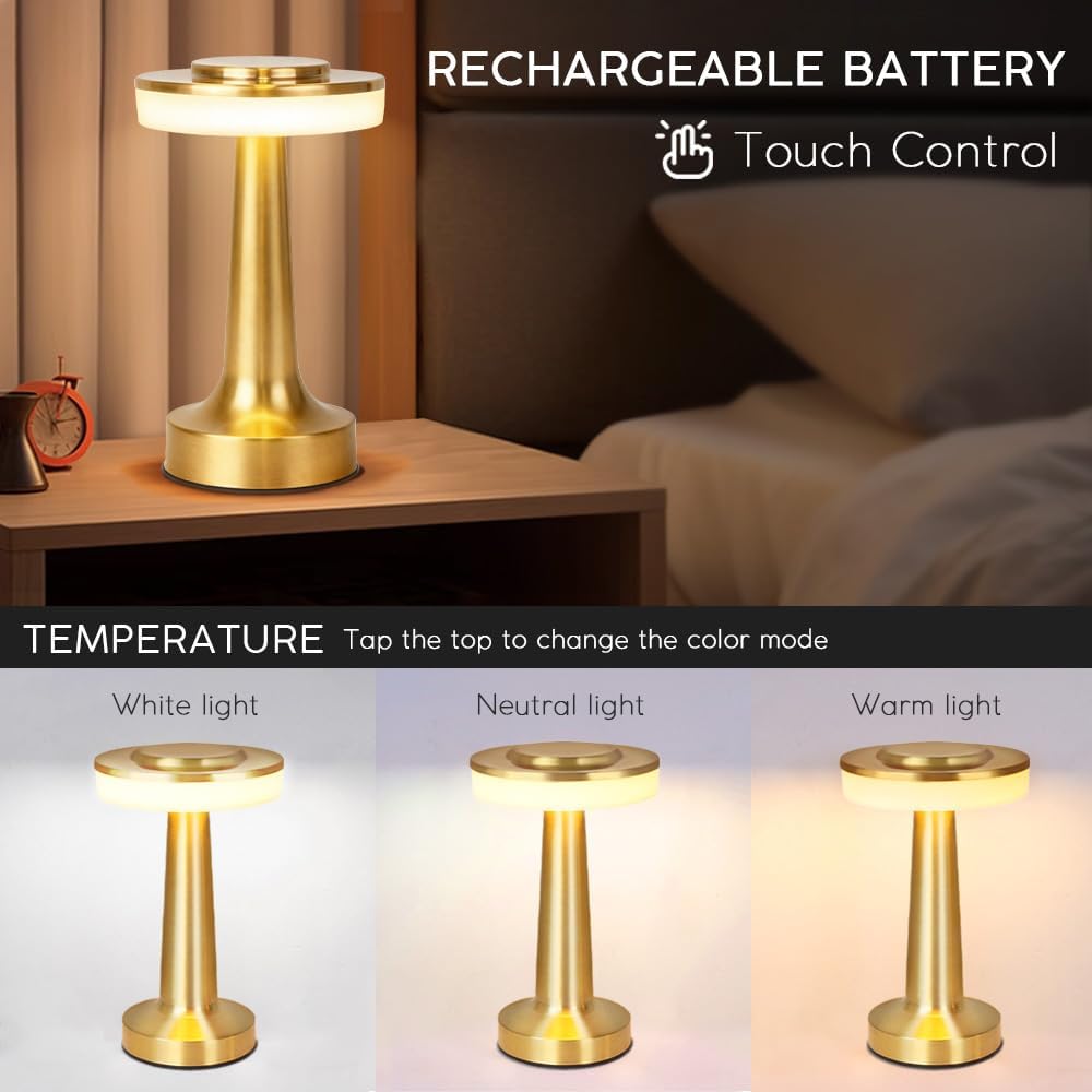 JHPGEOE Cordless Metal Desk Lamp, Touch Sensor Control LED Table Lamp, 3 Color Stepless Dimmable Battery Powered Lamp for Living Room, Dorm, Home Office (Gold) — view 4