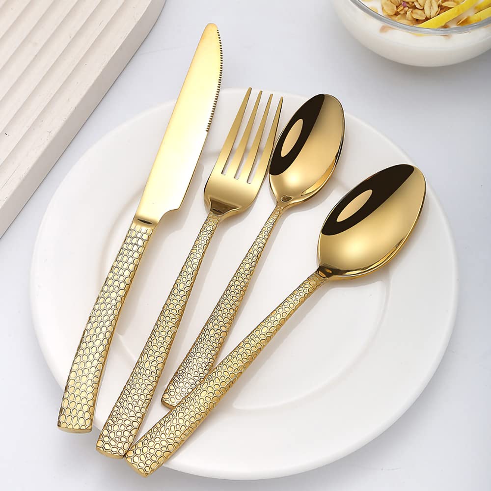 Juego de cubiertos dorados de 24 piezas para 6, juego de cubiertos de acero inoxidable, juego de vajilla moderno, juego de cucharas y tenedores para el hogar y la cocina, apto para lavavajillas