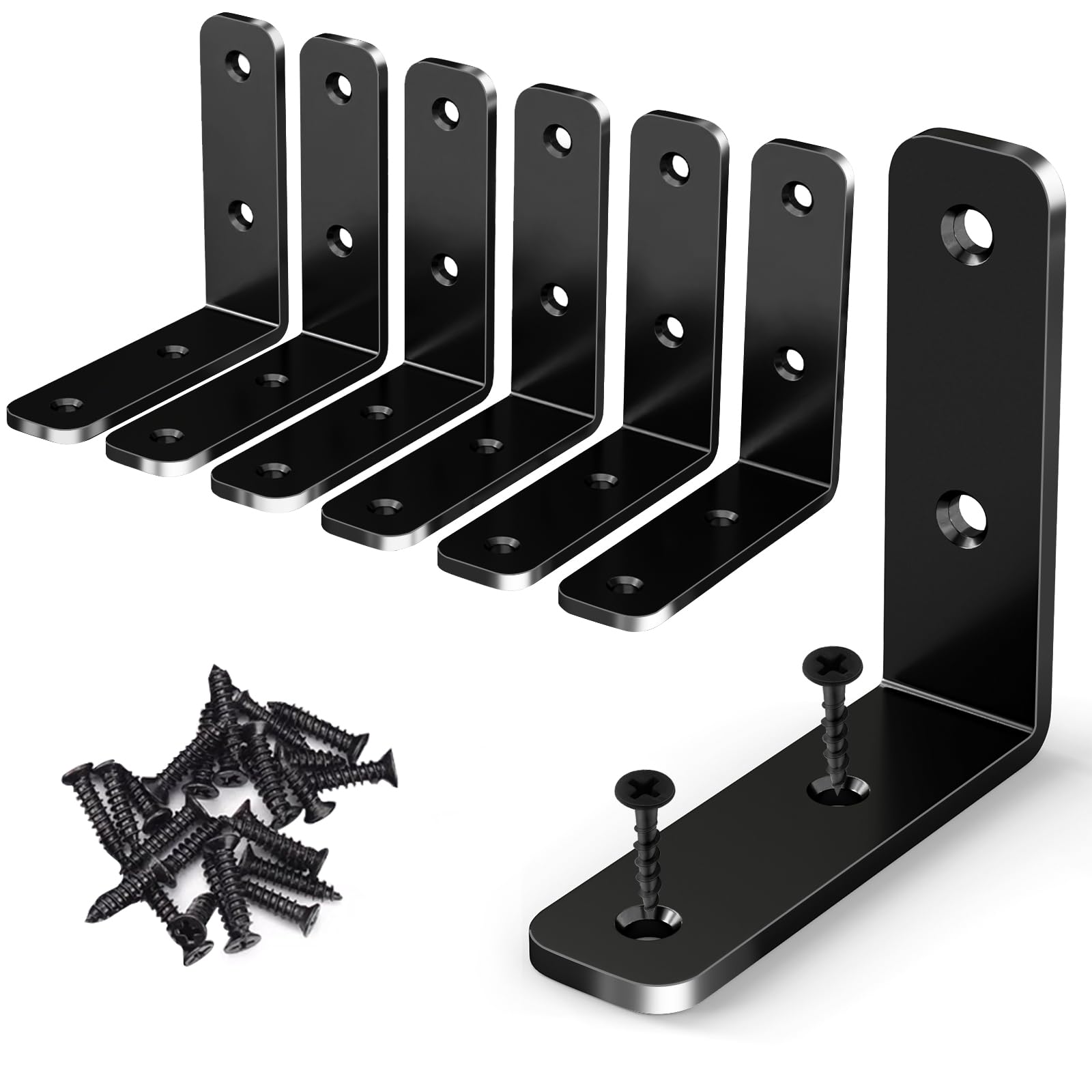 YUMORE L Bracket Corner Brace, 6Pcs 65x65mm Joint Right Angle Brackets Heavy Duty Stainless Steel 90 Degree Bracket Fastener for Wood Shelves Chair Tables Dressers Furniture with Screws, Black