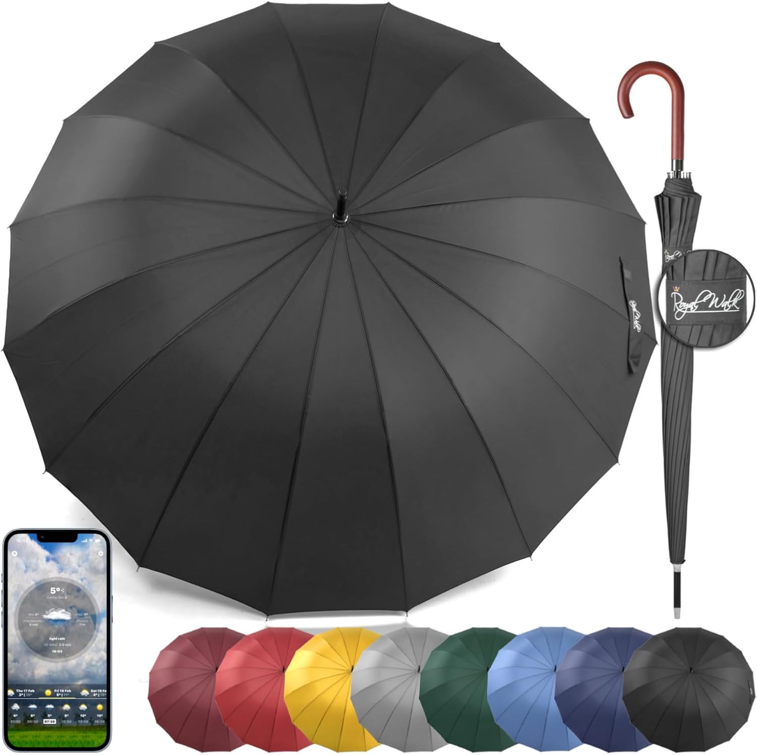 Royal Walk Windproof Large Umbrella for Rain 54 Inch Automatic Open for 2 Persons Wind Resistant Big Golf Umbrellas for Adult Men Women Classic Wooden Handle Fast Drying Strong 16 Ribs Travel 120cm Black