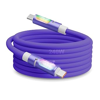 240W USB C to USB C Cable 4ft, Purple Liquid Silicone Fast Charging Type C Cable with Aromatherapy & RGB LED, PD 3.1 E-Marker, Compatible with iPhone 16/15 Pro, MacBook, Galaxy S24