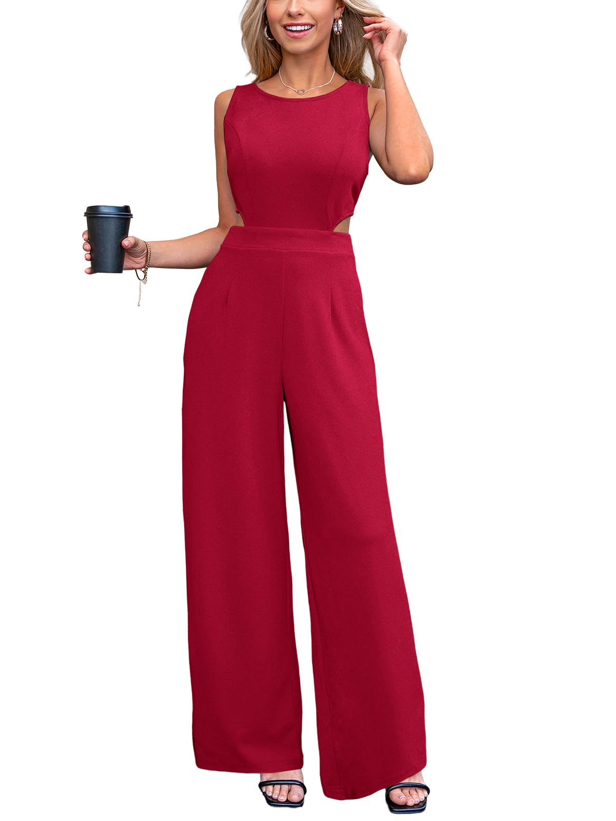 CUPSHE Enterizo para mujer, cuello redondo, sin mangas, espalda descubierta, pierna ancha, informal, elegante