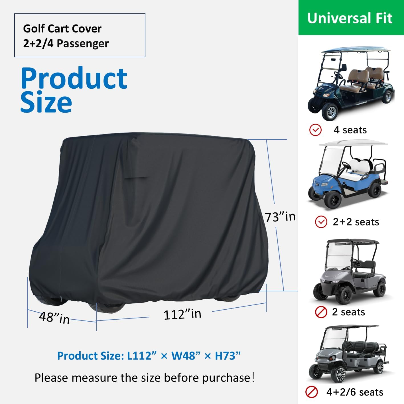 2/4 Passenger Golf Cover for Yamaha EZGO Club Car, 500D Silver Coated Waterproof Durable Polyester Golf Cover, Windproof,Sunproof,Dust Proof (Black-112x48x73in)