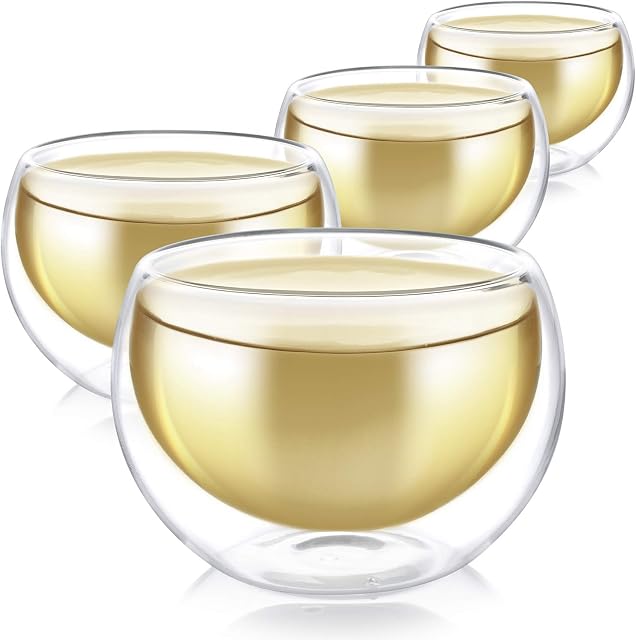 Teabloom Double Walled Cups - Set of 4 Insulated Glass Cups for Tea, Coffee, Espresso, and More - 5 oz / 150 ml - Classica Teacups Collection