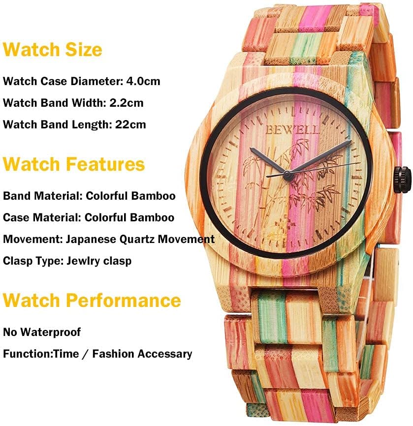 BEWELL Wooden Watches Handmade Natural Colorful Bamboo Wooden Watch Analog Quartz Wrist Watch Orange