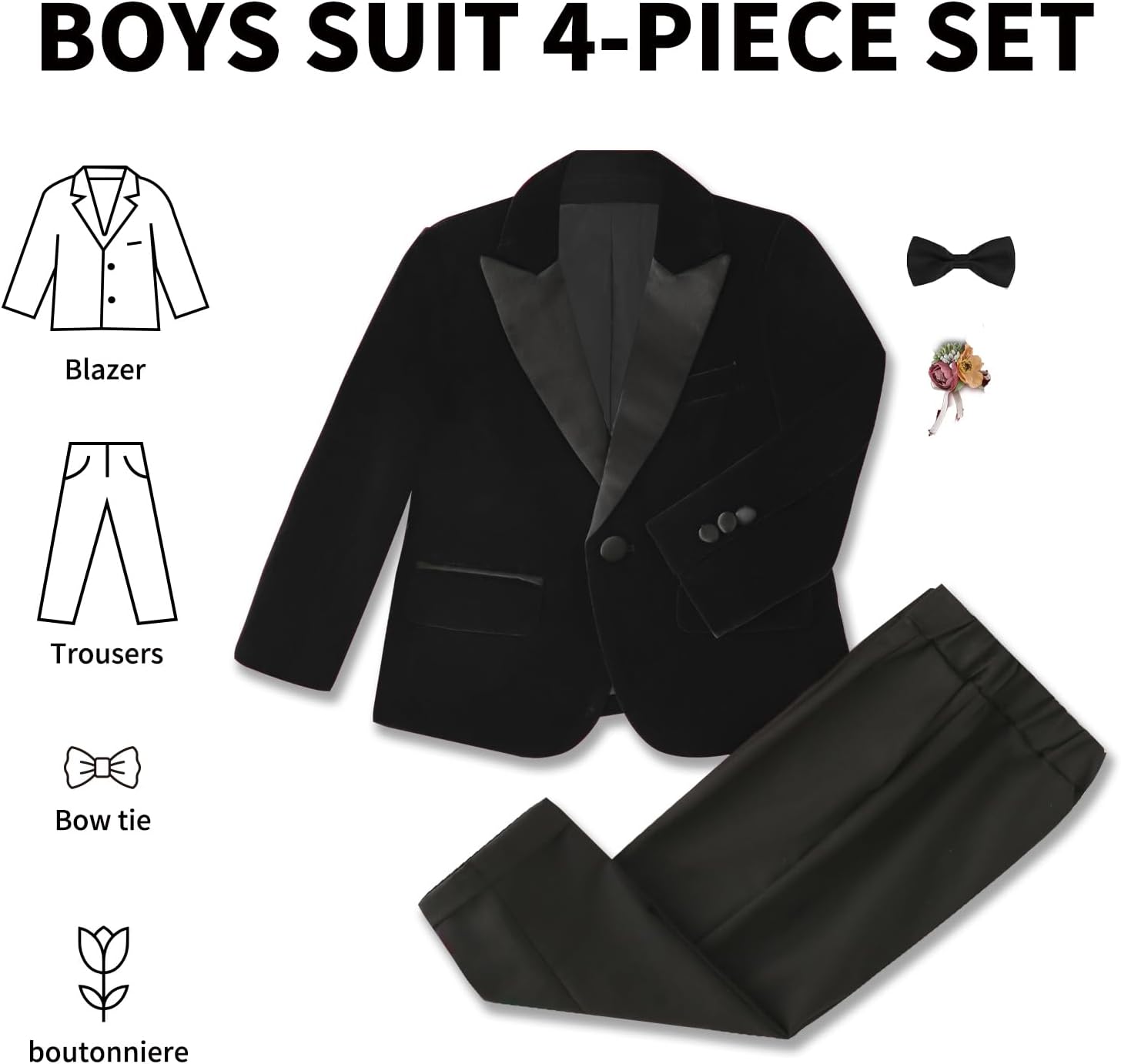 Boys Velvet Suit Slim Fit Set 5 Piece Peak Lapel Round Neck Toddler Formal Tuxedo Kids Outfit for Wedding Prom Ring Bearerer - Image 3