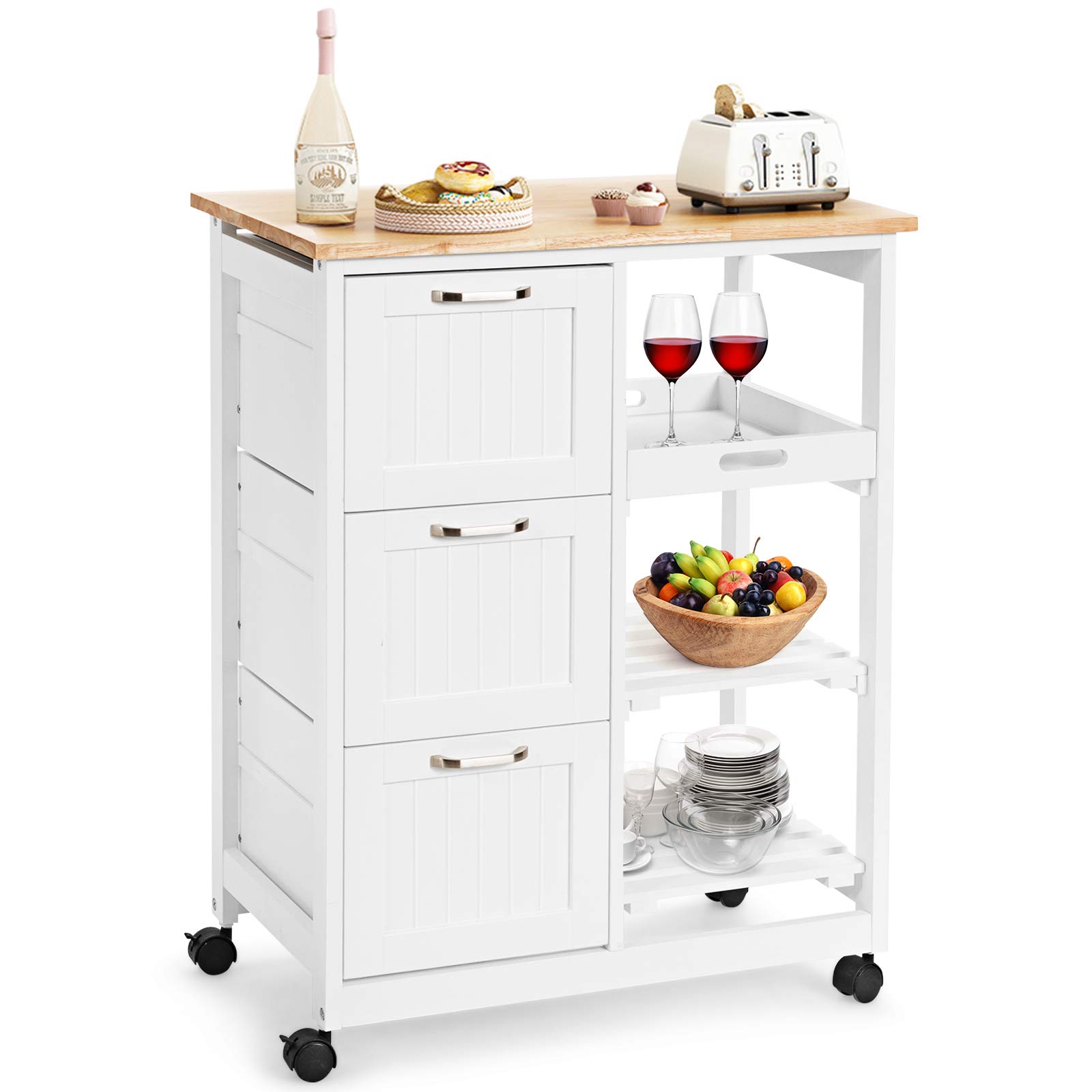 GOPLUS Carro de Cocina con Ruedas con 3 Cajones y 3 Niveles, Carrito de Cocina de Madera con 1 Bandeja Extraíble y Freno, Ideal para Cocina, Salón, Pasillo, 67 x 37 x 83,5 cm, Blanco y Natural