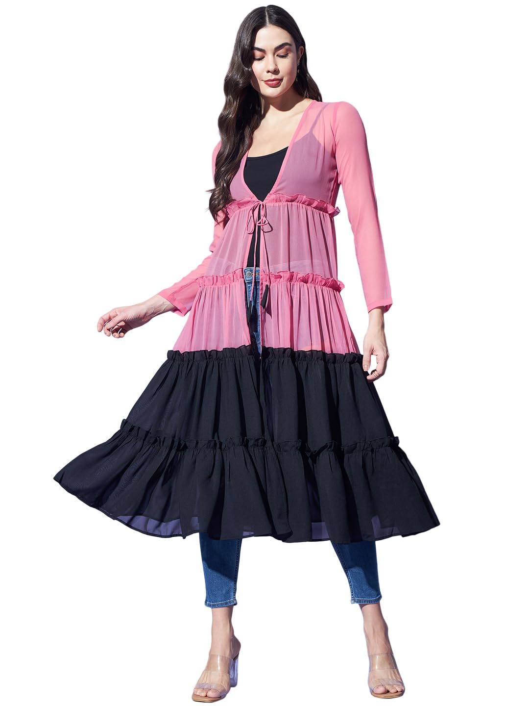 trend arrest.ed Women’s Colorblock Tiered Long Shrug with Tie-Front | Sheer Pink & Black Mesh Layer with Full Sleeves-picture-11