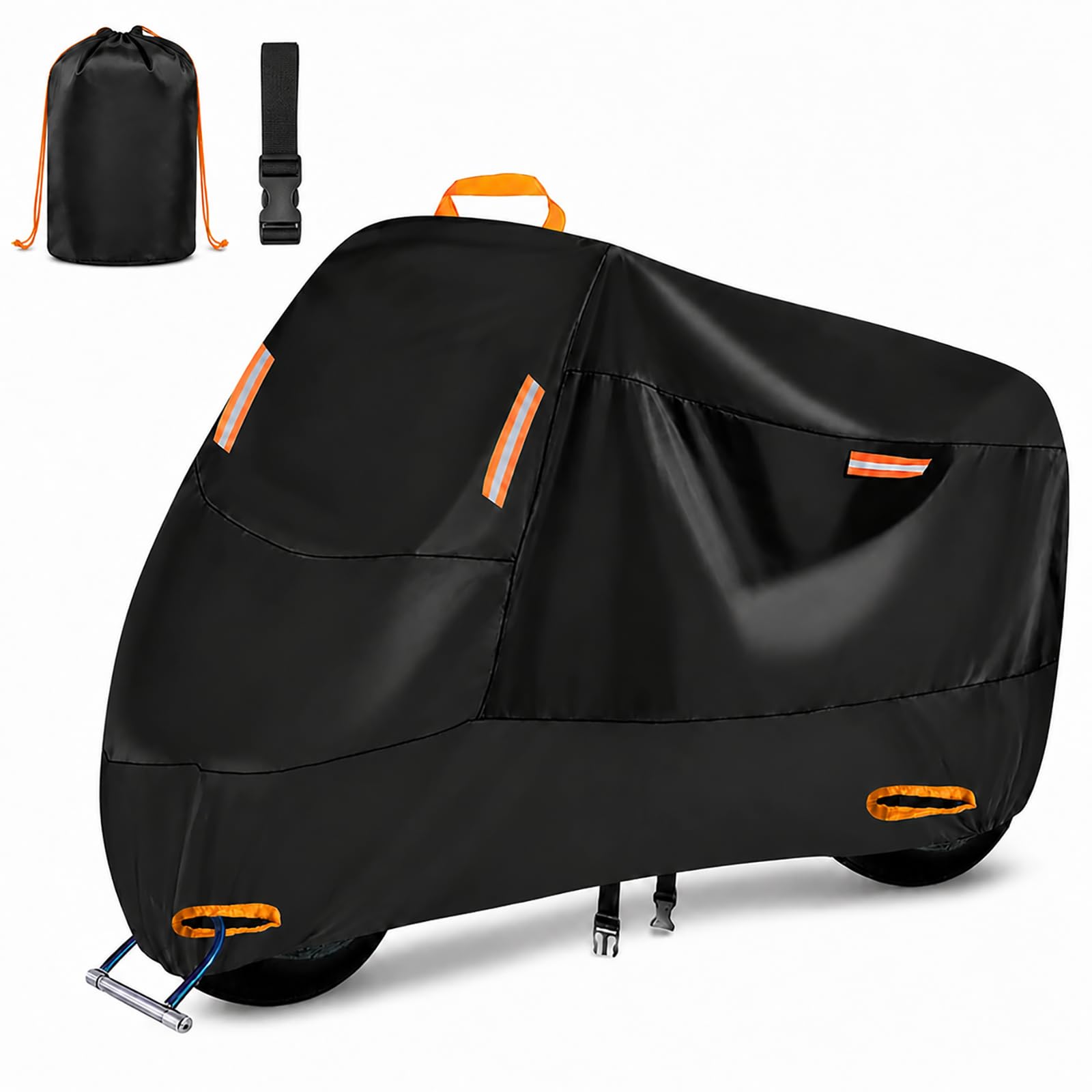 Seceles Housse de protection robuste pour moto, toutes saisons, durable et étanche, avec 4 bandes réfléchissantes, sac de rangement pour Yamaha Honda Harley Suzuki (4XL)
