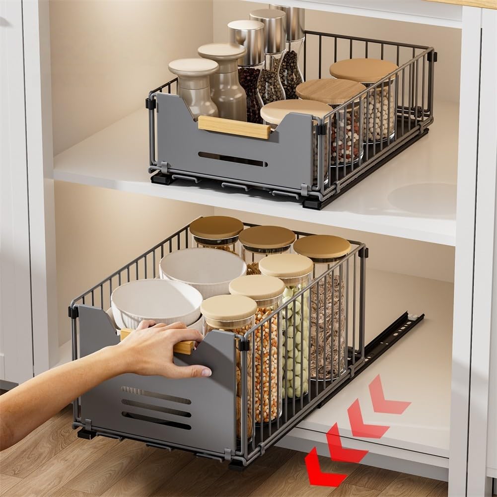 Cassetto da cucina estraibile telescopico per mobiletto inferiore, cestello in acciaio nero, 37,5 x 24,5 cm (nero)