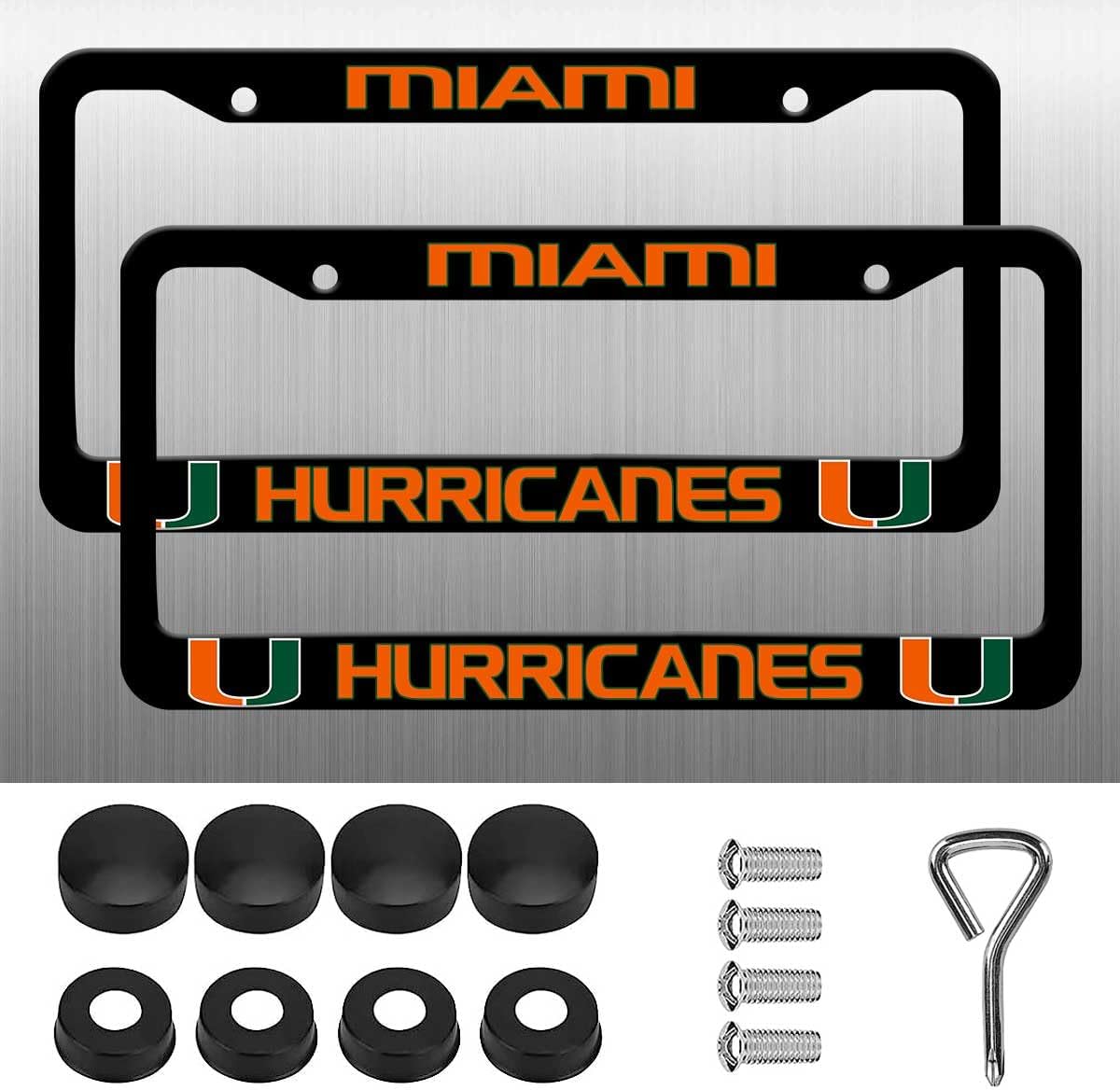 2 Piece License Plate Frame for Miami Hurricanes, 2 Holes Matte Black License Plate Holder for UM,Universal Aluminum Tag Frame for License Plate for Cover Front and Rear Car Tags