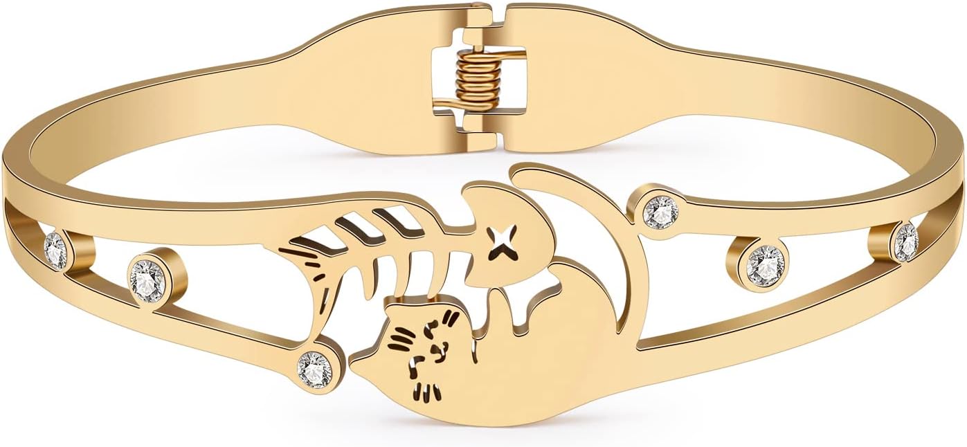 Stainless Steel 18K Gold Silver Plated Sweet Fishbone Cat Bangle Hollow Out Cuff Bracelets Cute Jewelry For Women Charms Gifts - Image 2
