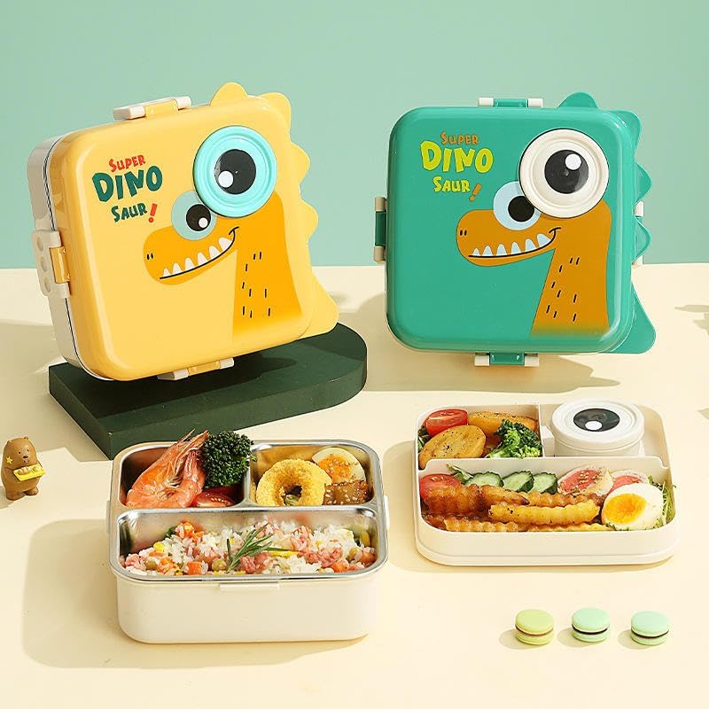 Image of TEKCOOL 5 Compartment Stainless Steel Lunch Box - Durable & BPA-Free Bento Tiffin for Kids & Adults | Leak-Resistant Multi-Section Lunch Box for School, Office & Picnic - 1120ml + 70ml, Yellow;