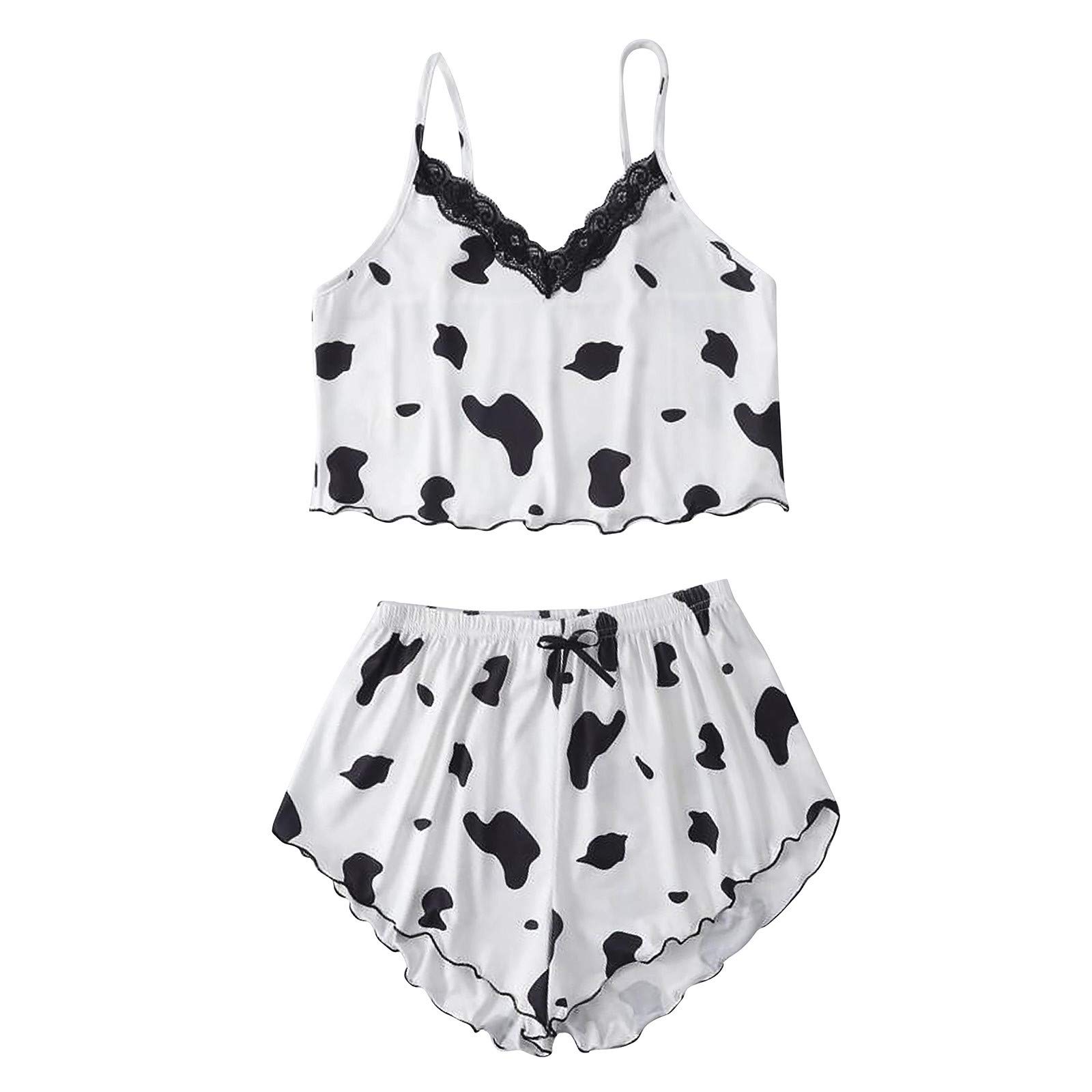 Womens Sexy Pajamas Sets 2 Pieces Cow Pattern Lace Edge Spaghetti Strap Crop Top Camisole and Shorts Bottom Sleepwear Pajama Set White