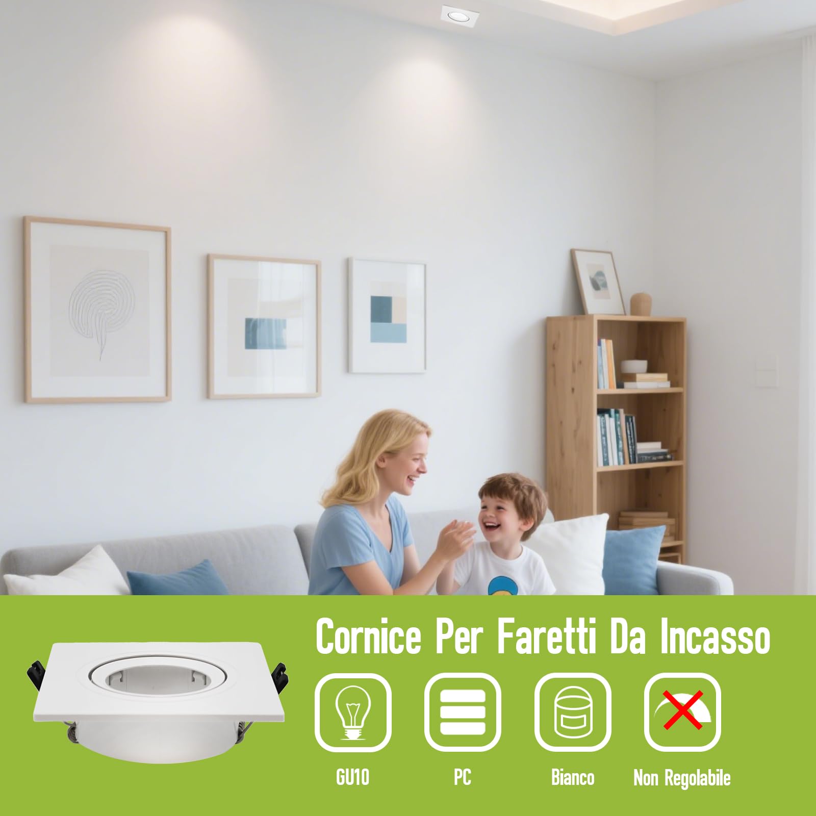 10 Pezzi Cornice Faretto Incasso GU10 Orientabile Portafaretto Incasso Bianco Alogeno Faretti Foro Ø75mm Quadrato Bianco Dimensioni: 93mm x 93mm x 25mm