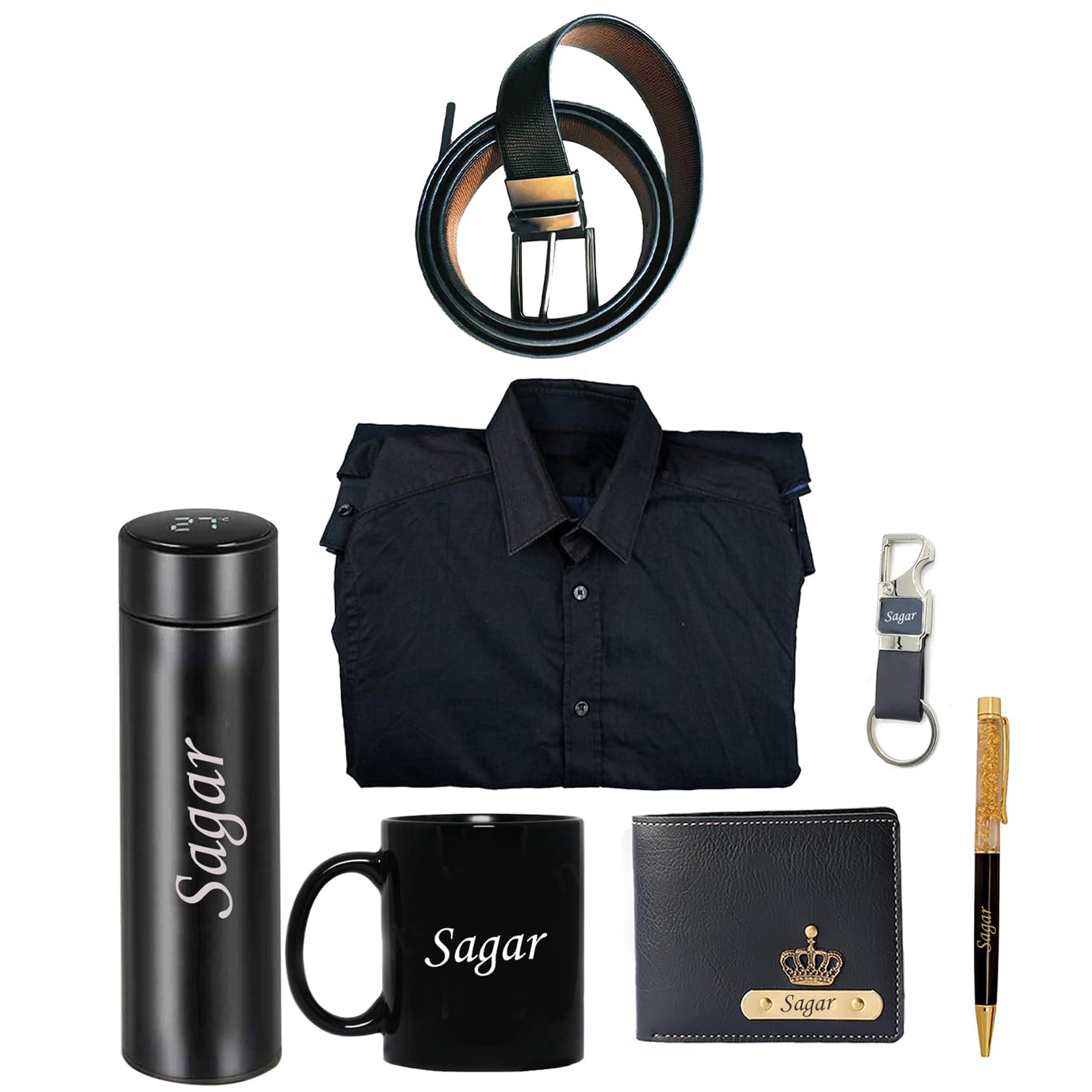 Personalized Gift Set for Men | Custom Name Wallet, Black Shirt, Mug, Key Case, Belt, Pen, Water Bottle | Birthday, Anniversary, Wedding Gifts for Husband, Boyfriend Combo Set-image-3