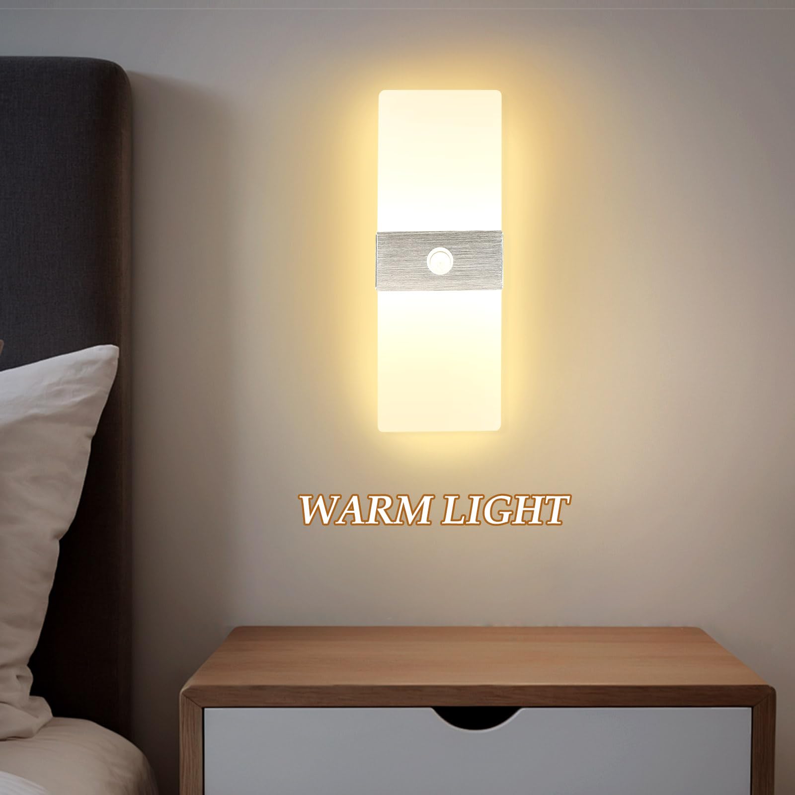 2 Pezzi Applique da Interno con Sensore di Movimento 12W Bianco Caldo 3000K | JaneYi LED Lampada da Parete Moderna in Acrilico e Alluminio Luce per Corridoio Scala Ingresso Balcone Soggiorno