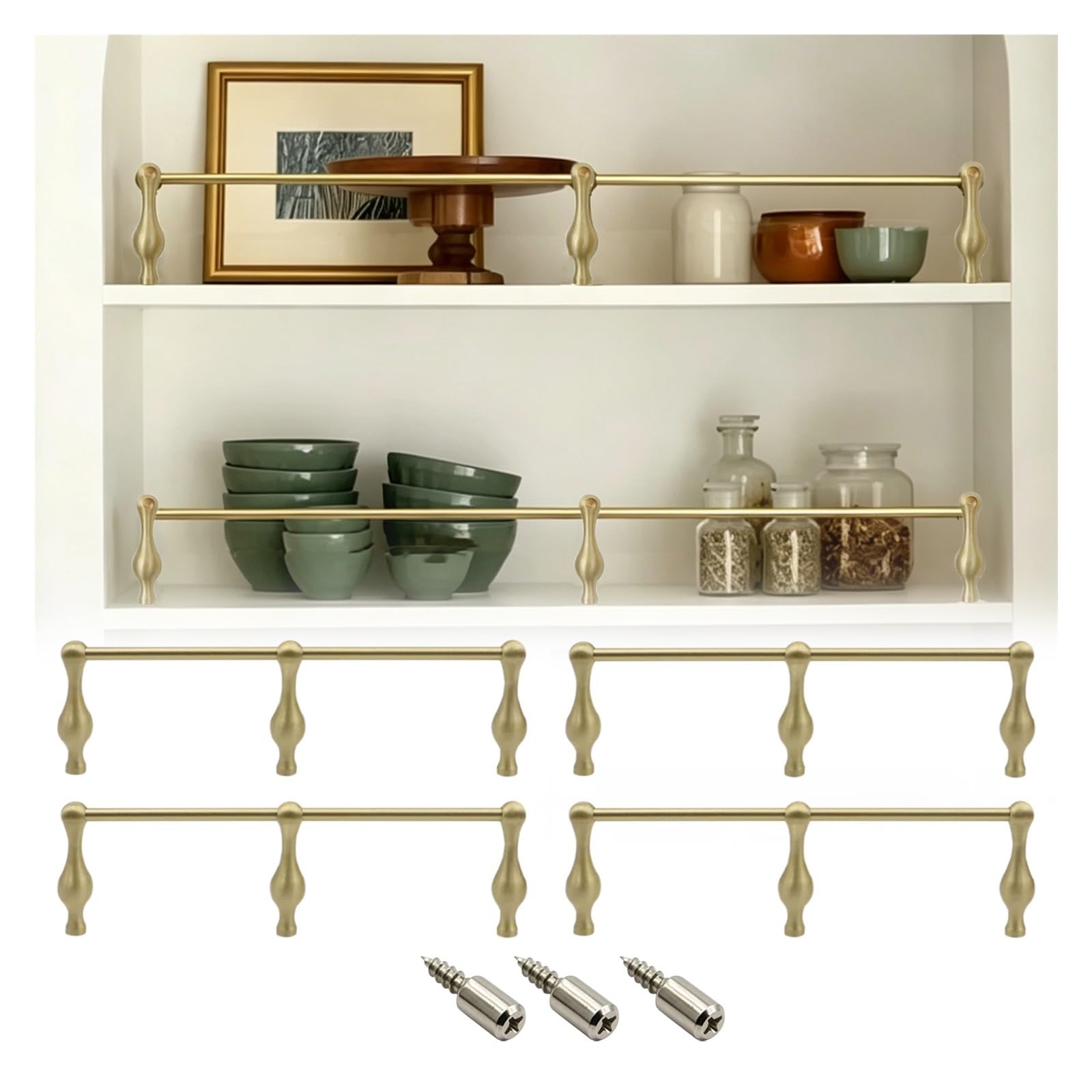 Brass Tipping Gallery Rails Set 20 30 55 60 80 105 130 155 cm, Custom Shelf Guard Rail for Wardrobes/Wine Cabinets, Sturdy Cabinet Guardrail Bar with Mounting Screws(4 Pack,L 22"/55.9cm)