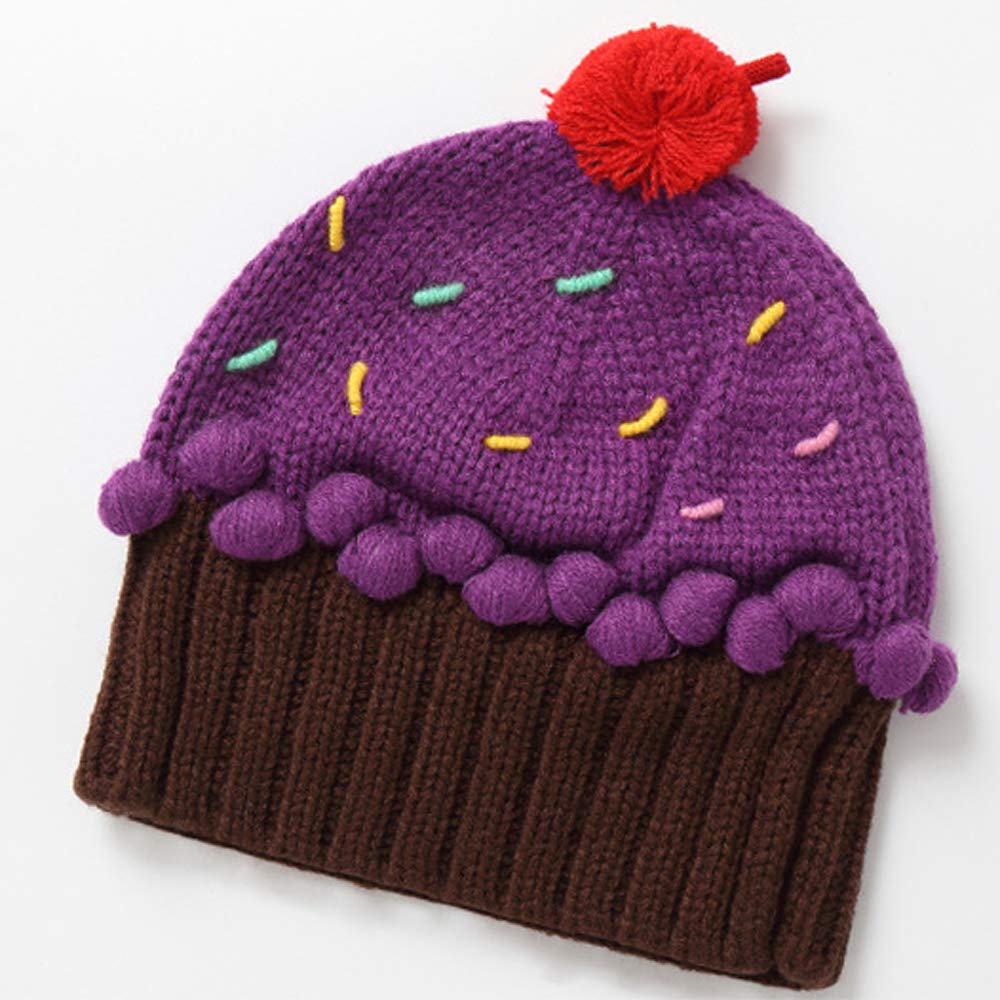 XINQIAO Unisex Kids Cupcake Beanie Cartoon Knitting Hat for 3-8 Years Boys Girls (Purple)