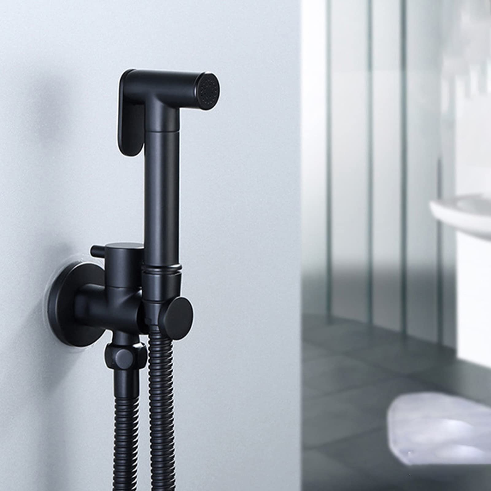 Douchette Toilette WC, Kit Douchette WC avec Tuyau et Support Mural Noir Bidet Toilette Douchette Portatif Eau Froide Laiton pour L'hygiène Personnelle Quotidienne Nettoyage