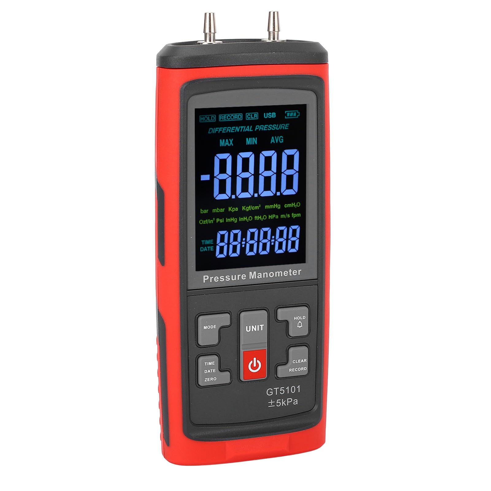 Topiky Misuratore di Pressione Differenziale ± 5kPa Manometro Digitale Manometro per Gas Portatile con Display LCD Retroilluminato a 2 Porte per Misurazione del Gas HVAC