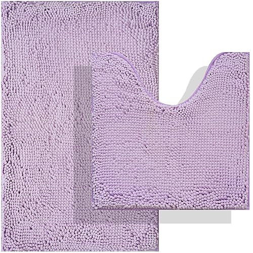 Image of BOANKODU Bath Mat Set, 2-Piece Very Soft Chenille Bathroom Rugs, Non-Slip, Machine Washable (Lavender, 32x20 Inch U-Shaped + 20x20 Inch)