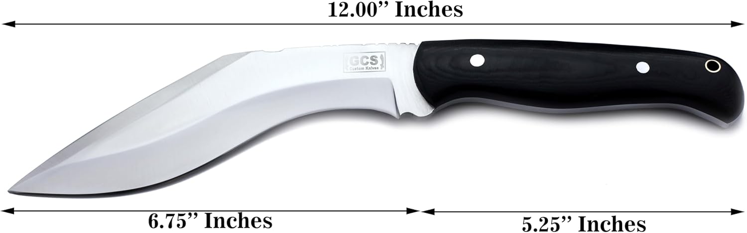GCS Handmade D2 Tool Steel Survival Tactical Hunting Kukri Knife Black Micarta Handle with Brown Leather Right or Left Hand Horizontal Fixed Blade Knife Sheath GCS243