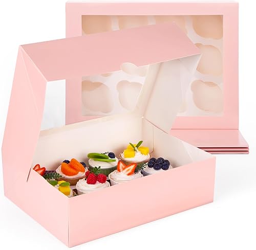 VGOODALL 6 recipientes para cupcakes con ventana, soporte rosa para cupcakes con inserción, 12 unidades con capacidad para 72 cupcakes para el día