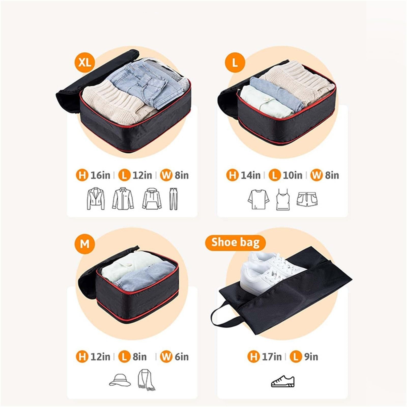 Organizzatori da Viaggio a Compressione Cubi di imballaggio a compressione for valigie - 4 confezioni di organizer for imballaggio espandibili Cubi di compressione essenziali(Black)