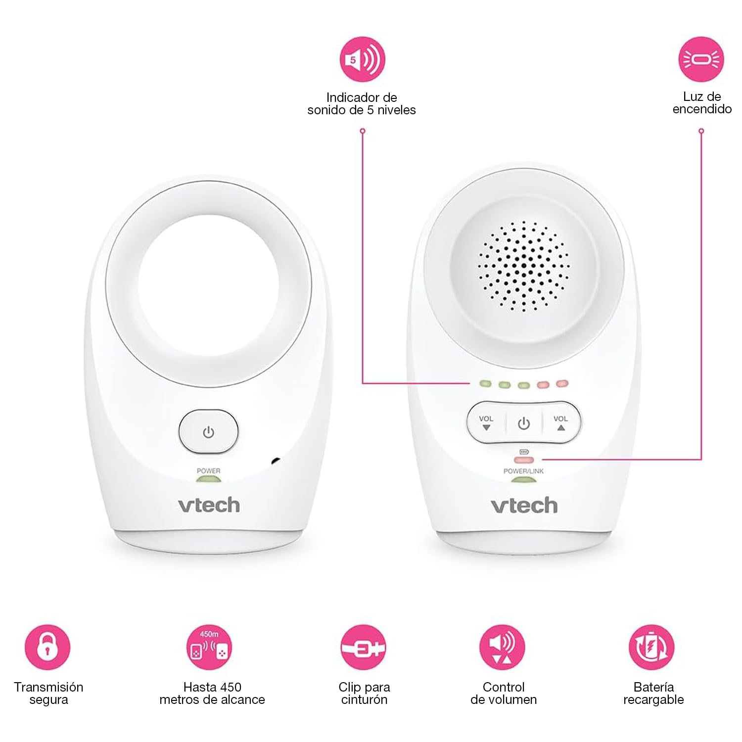 VTech Baby Monitor de Audio Digital DM1111 – Tecnología DECT, Pantalla de Nivel de Ruido, Clip para Cinturón y Más – Unidad para Padres y Unidad para Bebé