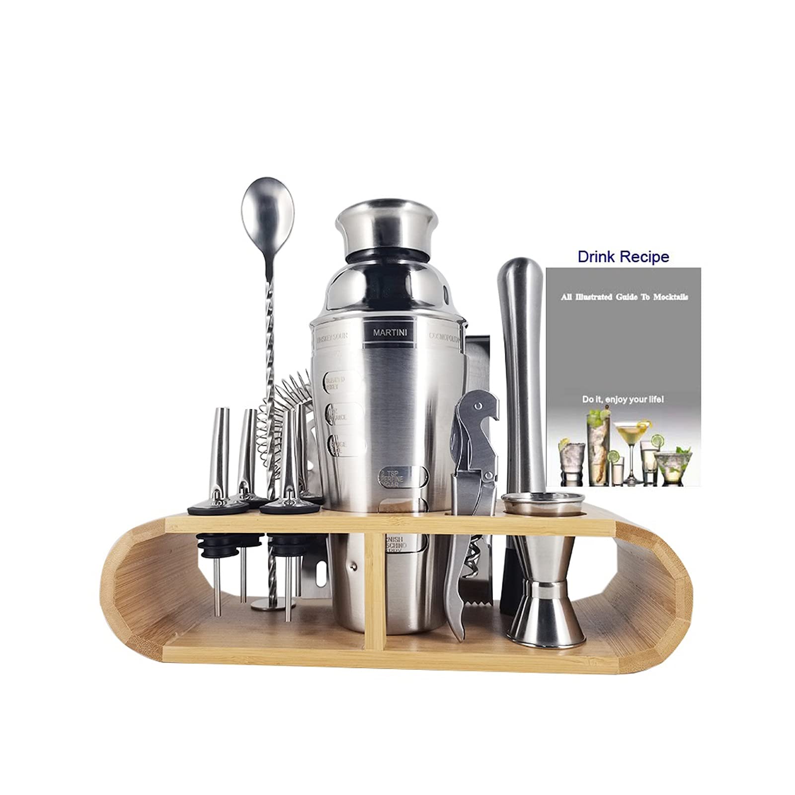 Juego de Coctelera Cocktail Shaker Set Bar Herramientas Barware Bartender Kit Jigger Mezclador Muddler Pourer Cuchara con soporte de bambú Casa Bebida Accesorios de fiesta Agitador de Cócteles
