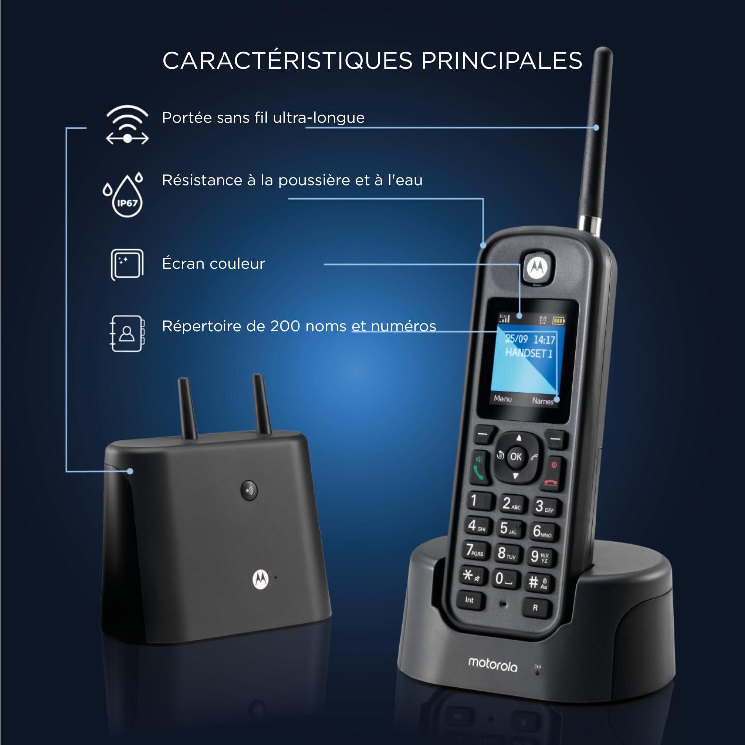Motorola - Téléphone fixe sans fil DECT O201, identification de l'appelant, rétroéclairage, répertoire téléphonique de 200 numéros, mains libres, idéal pour une utilisation en extérieur, noir