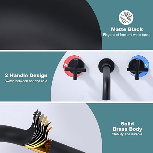 Miniatura 6 de ARCORA - Grifo de baño negro mate, grifo de baño de 2 manijas para montaje en pared y válvula empotrada incluida, grifo de fregadero montado en la