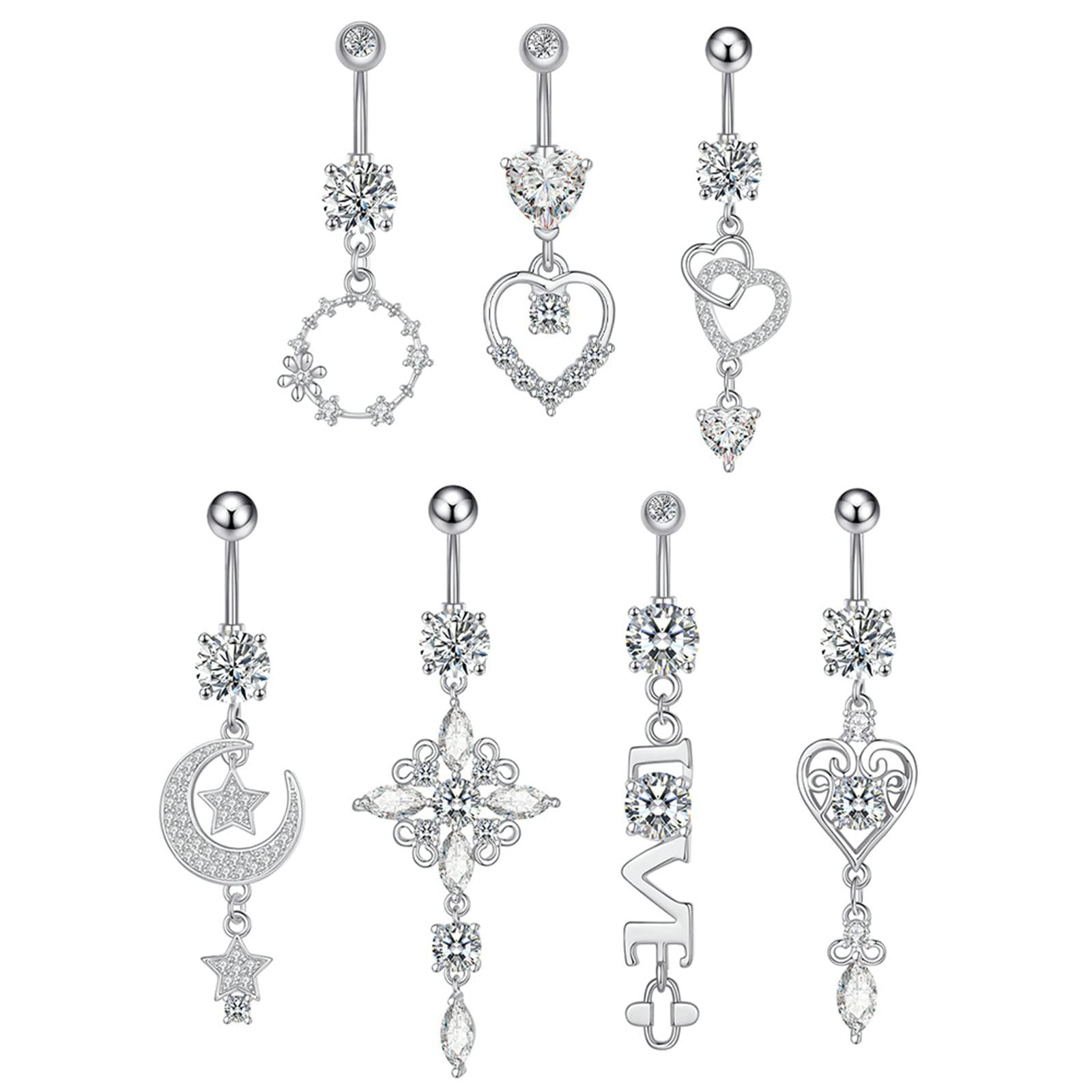 Gualiy 7 Stück Nabelpiercing Chirurgenstahl Herz Stern Mond Weiß Zirkonia Bauchnabelpiercing 14 Gauge
