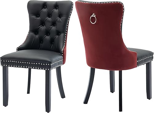 Miniatura 27 de Juego de 4 sillas de comedor de terciopelo, sillas de comedor tapizadas con ribete de cabeza de clavo, patas de madera, anillo de tracción, sillas