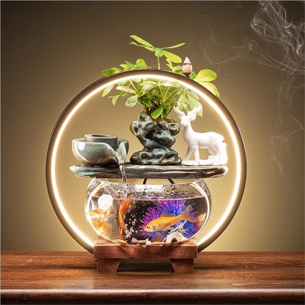 Acuario con anillo de luz LED, acuario sin cambio de agua, acuario de escritorio con adornos de cerámica, adecuado para el hogar u oficina (azul)