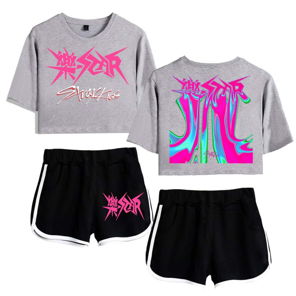 FlyselfWomens Teen Girls T-Shirt Tracksuits Two Piece Kpop Stray Kids Crop Tops with Shorts Set 2023 New Album 樂-Star Rock Star Bang Chan Changbin Hyunjin Felix Seungmin Jeongin Jisung Minho Woojin