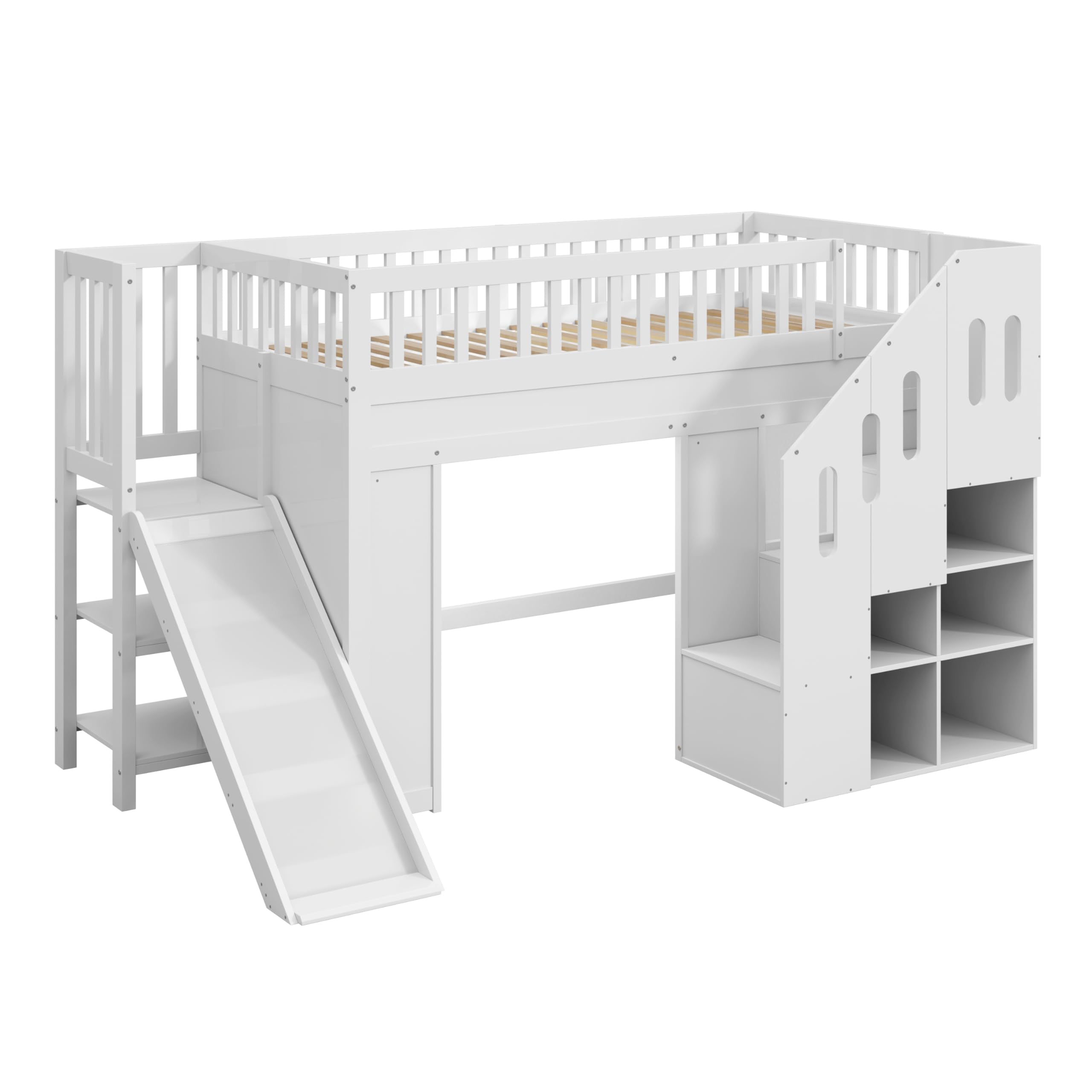 Merax Kinder Hochbett 90x200 cm, Etagenbett mit Rutsche, LED-Lichtleiste, Rausfallschutz und Stauraumtreppe, Massivholz & MDF, Weiß (ohne Matratze)
