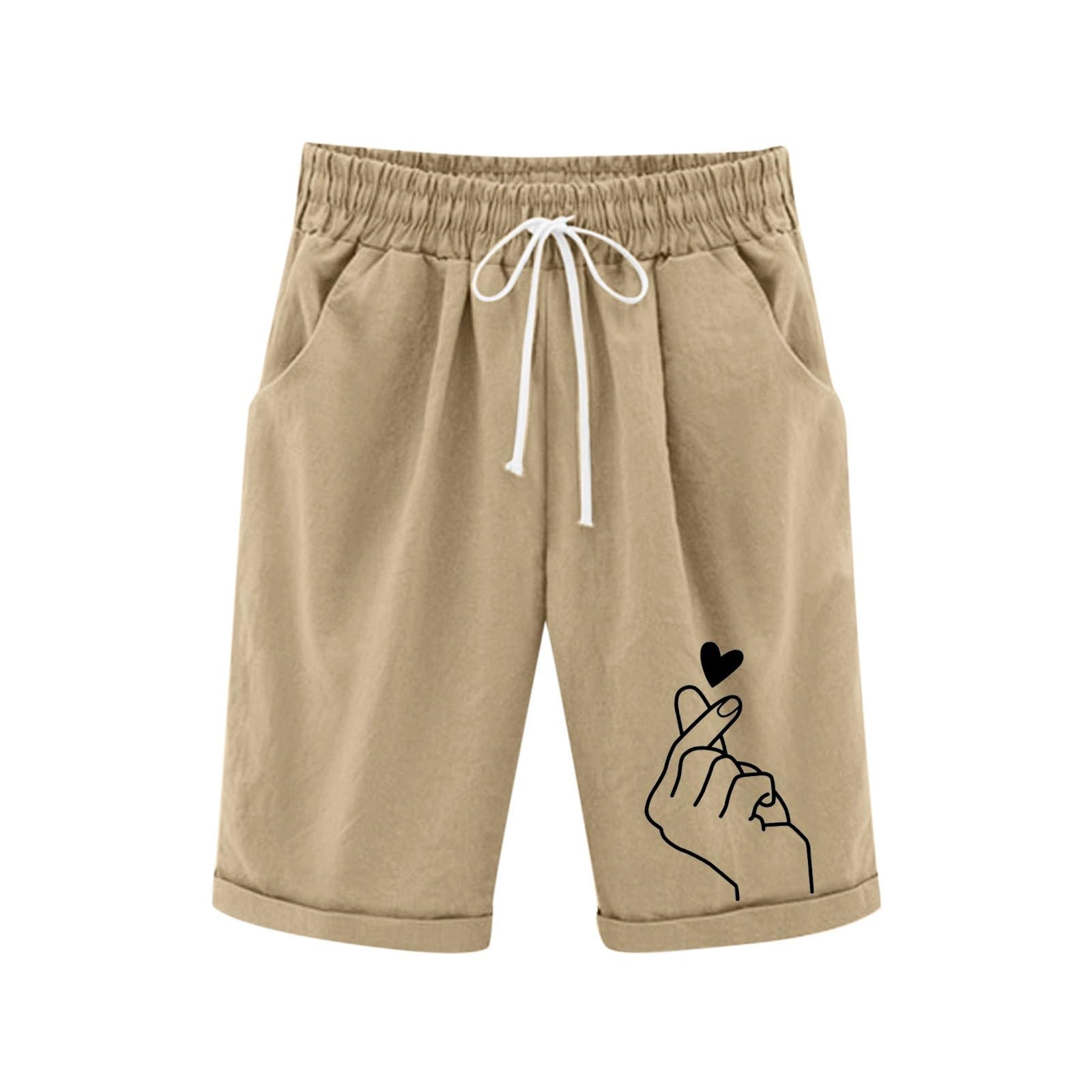 Generisch Leinenhose Kurze Mädchen Leicht Shorts Sommer Freizeit Hose Baumwolle Leinen Strandshorts Elastische Taille Sommerhose Elegant Einfarbig Stoffhose mit Taschen Sweatshorts