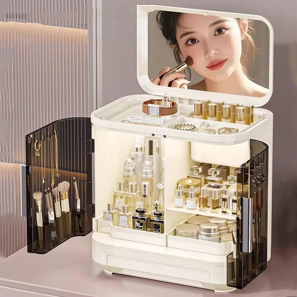 Elegante Caja de Almacenamiento de Maquillaje a Prueba de Polvo, Estuche exhibidor de cosméticos con Tapa Transparente, Organizador de Cuidado de la Piel para la encimera del baño (Crema 1)
