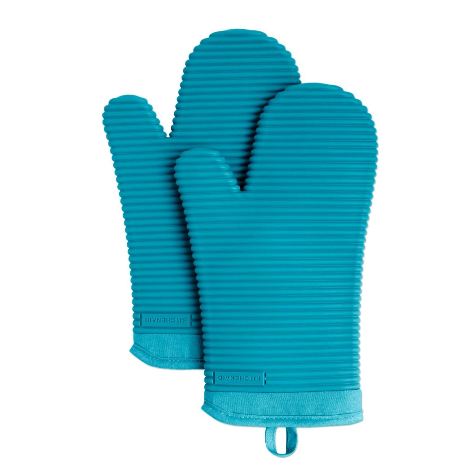KITCHENAID Ribbed Soft Silicone Oven Mitt 2-Pack Set, 7.5"x13", Ocean Drive