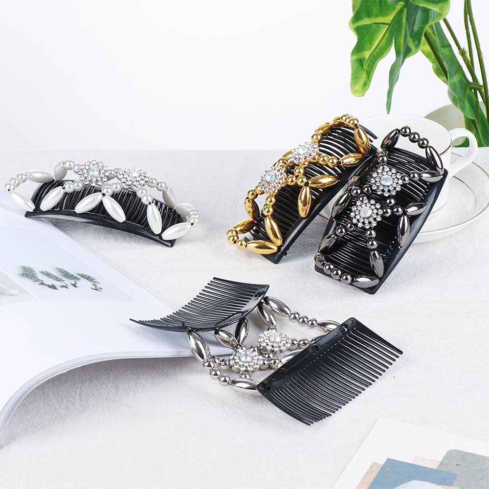 3PCS Hair Slides for Women,Crystal Beads Hair Combs Beaded Slides Double Clip Magic Elastic Double Sided Clips Hair Comb for Hairstyling Hair Accessories(Flowers) - Image 4