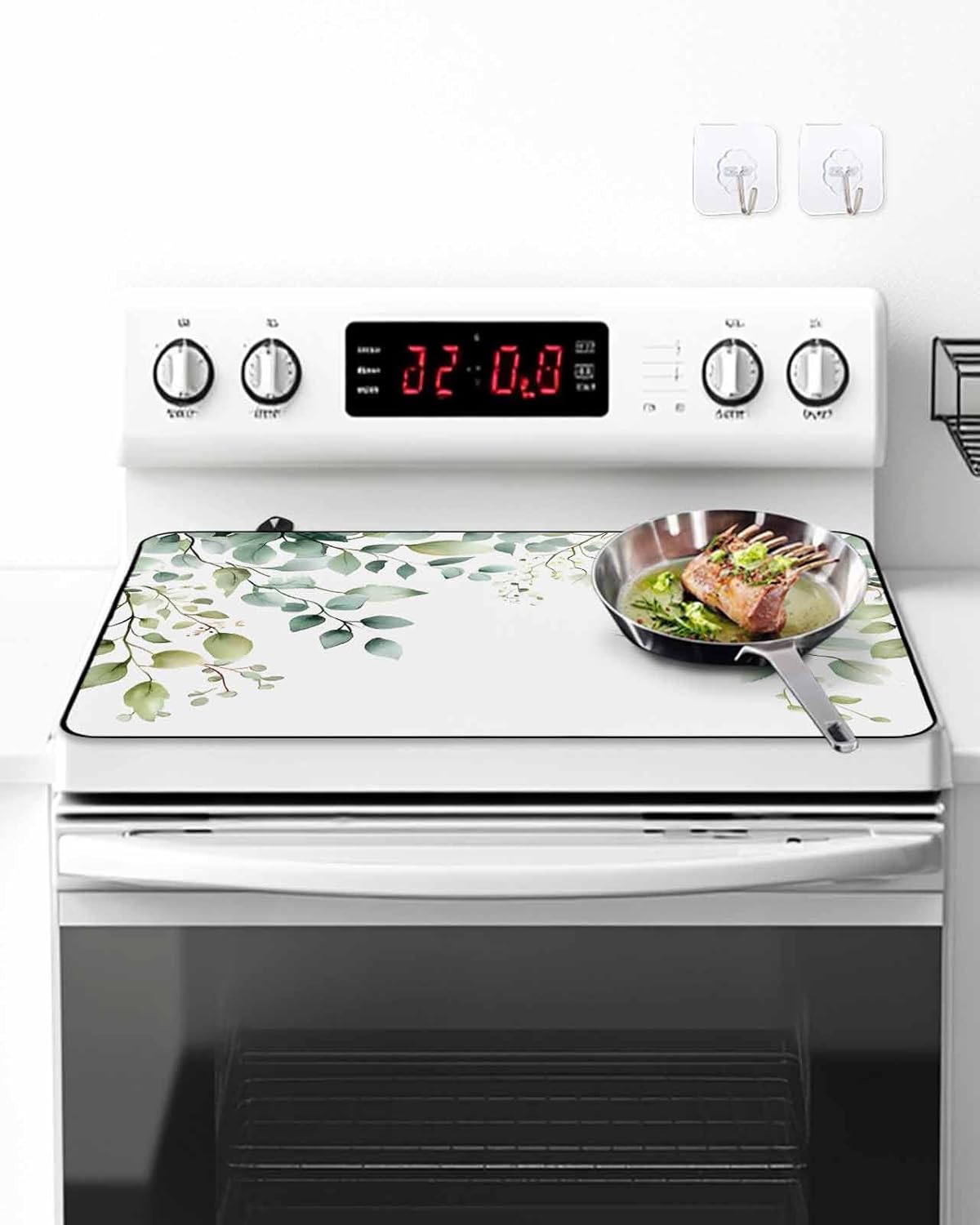 Stove Cover for Electric Stove 24x21 Inch Green Eucalyptus Leaf Stove Top Cover Watercolor Leaf Glass Cooktop Covers Anti-Slip & Heat Resistant Countertop Protector Home Kitchen Decor
