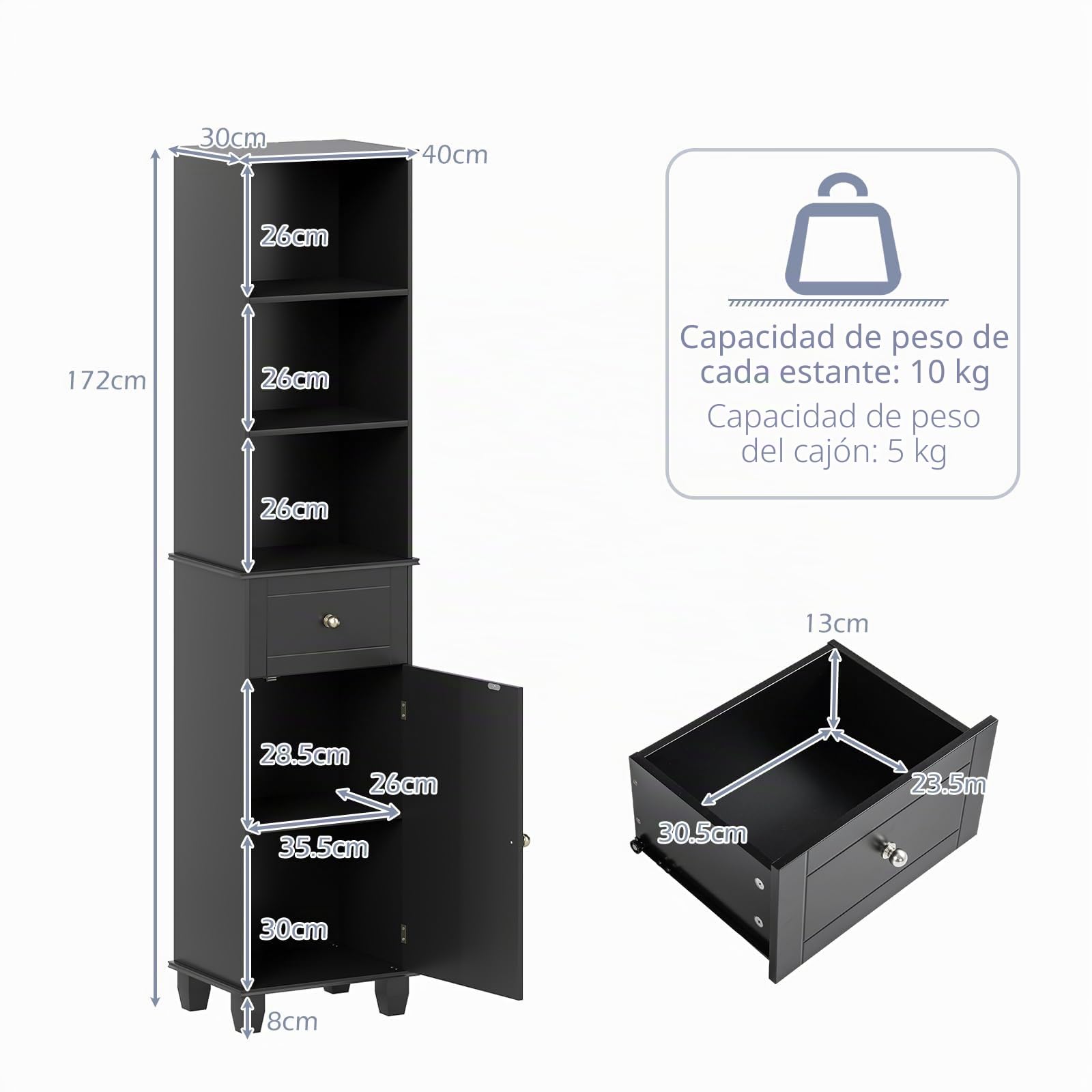 LIFEZEAL Mueble de Baño para Ahorrar Espacio, Columna Alta y Estrecha con 1 Cajón, 3 Estantes Abiertos, 1 Puerta y Patas de Madera Maciza, Armario Aparador para Cocina, Baño y Salón (Negro)