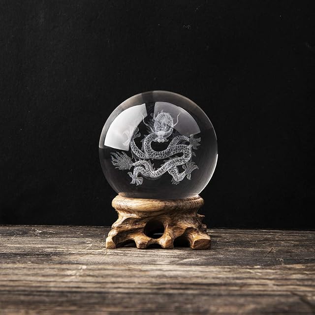 HDCRYSTALGIFTS 3D Inner Carving Dragon Crystal Ball Feng shui Crystal Glass Globe Paperweight with Wood Stand For Home Decor