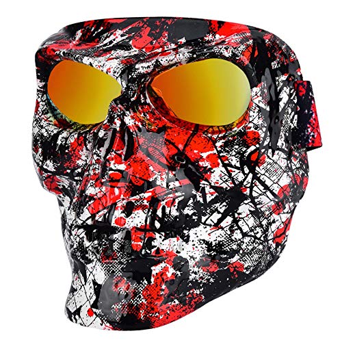 BOLLFO Airsoft Skull Mask Protective Full Face Tactical Mask for CS Airsoft Shooting Halloween Cosplay Cycling Party,Adjustable Windproof Outdoor Anti-Fog Face Mask (Skull- Black+Red Pattern)