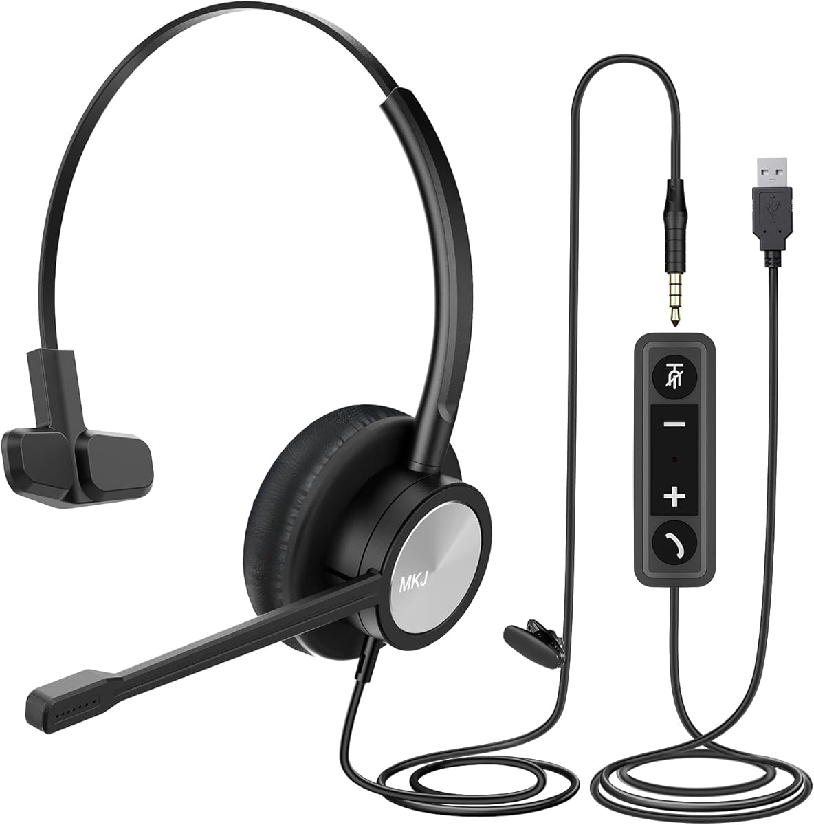 MKJ USB Headset with Microphone, Noise Cancelling PC Headphone with Volume Control, USB/3.5mm Headset for Computer, Cell Phone, Call Center, Office, Ms Teams, Zoom, Webex, Conference Meeting