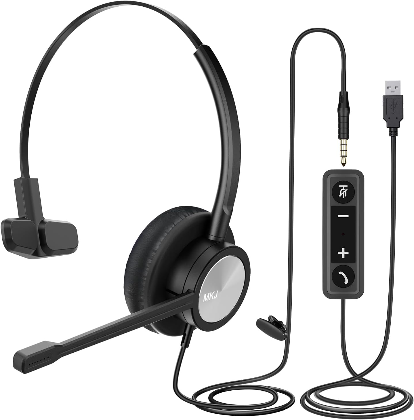 MKJ USB Headset with Microphone, Noise Cancelling PC Headphone with Volume Control, USB/3.5mm Headset for Computer, Cell Phone, Call Center, Office, Ms Teams, Zoom, Webex, Conference Meeting