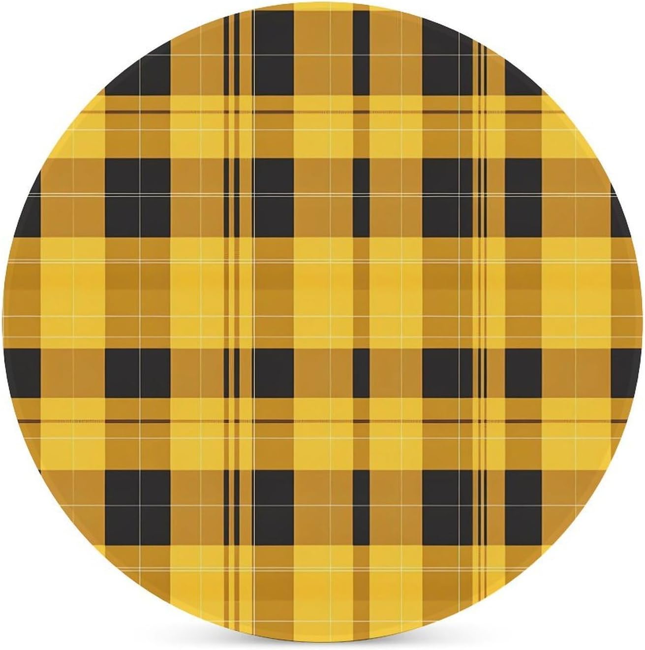 Plaid Checkered Yellow Round Ceramic Coasters for Drinks Absorbent Cup Holder Tabletop Protector with Cork Base