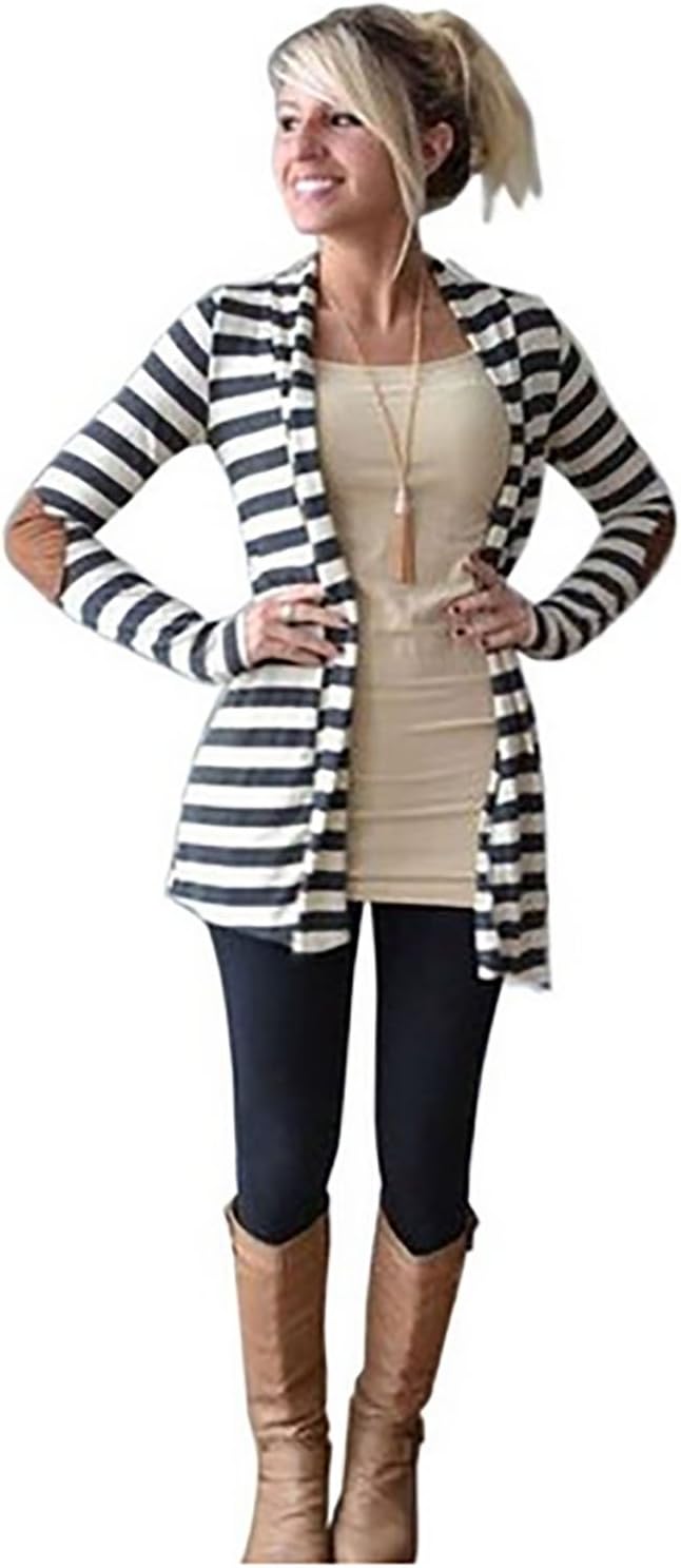 SDZYY Women's Elbow Patch Long Sleeve Shawl Thick Striped Open Front Cardigan Sweater - Image 5